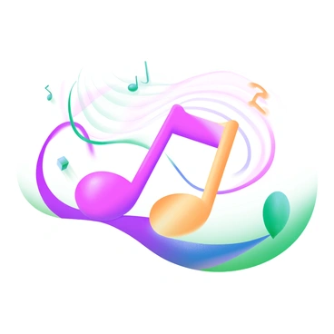 A vibrant musical note in bold colors, such as red, blue, and yellow, is prominently displayed at the center of the image. Surrounding the note are swirling patterns of sound waves in various shades, creating a dynamic effect. The sound waves have smooth curves and are arranged in a way that enhances the sense of movement. The composition conveys an energetic and lively atmosphere, emphasizing the connection between music and sound.