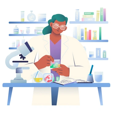 A scientist with light brown skin and glasses is standing in a laboratory, focused on conducting an experiment. She is wearing a white lab coat over a purple blouse and is carefully examining a petri dish in her right hand. The laboratory is filled with various scientific equipment, including a microscope and test tubes. On the table in front of her, there are several other petri dishes containing colorful genetic samples. A notebook with handwritten notes is open beside her, and a blue pipette is resting next to a small container of liquid. The scientist is surrounded by shelves filled with neatly labeled jars and books related to genetics.