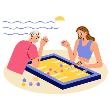 A scene depicting two friends playing backgammon on a colorful board. The board features vibrant colors, with deep blue and bright yellow sections. The friends are sitting on a sandy beach, with the ocean waves gently lapping at the shore in the background. One friend has short curly hair and is wearing a red t-shirt, while the other has long straight hair and is dressed in a blue tank top. They are leaning forward, focused on the game, with scattered game pieces around them. The sun is shining brightly, casting warm light on the scene, creating a lively atmosphere.