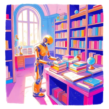 A robot librarian with a polished metallic exterior is actively organizing books on wooden shelves in a large, old-fashioned library. The library features high ceilings with intricate moldings and tall arched windows that let in streams of sunlight. Books of various sizes and colors are stacked haphazardly on tables, while others are neatly arranged on the shelves. The robot has articulated arms that efficiently place books in their designated spots. Decorative globes and antique furniture are scattered throughout the room, adding to the library's historic charm. Dust motes dance in the sunlight, creating a warm atmosphere.