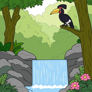 An Asian hornbill with a striking yellow and black beak is perched on a sturdy branch of a tall green tree. The bird has glossy black feathers with a hint of white at the tips of its wings. Below, a cascading waterfall tumbles down smooth rocks, creating a misty spray that catches the sunlight. The surrounding forest is thick with various shades of green foliage, and bright flowers peek through the leaves. Sunlight filters through the tree canopy, creating dappled light patterns on the ground.