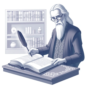 A quill pen is poised above an open book, its tip delicately touching the page as it writes fluidly, producing elegant script. The book lies on an ornate wooden table, its cover embellished with intricate designs. Dumbledore stands beside the table, his long white beard flowing down his chest. He is wearing a robe with detailed patterns, and his half-moon glasses rest on his nose, reflecting a sense of curiosity and wonder as he observes the quill's movements. In the background, shelves filled with ancient books and various mystical artifacts add to the atmosphere of the scene.