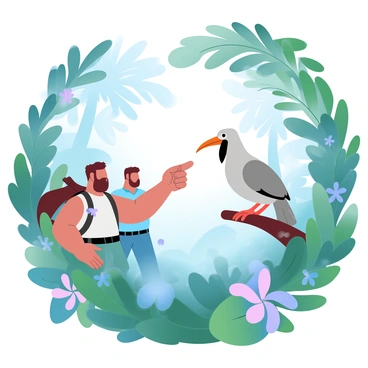 A group of explorers is standing in a lush tropical forest, surrounded by dense green foliage and towering trees. One explorer is pointing excitedly at a dodo bird perched on a branch. The dodo bird is plump and has a distinctive large beak, with soft feathers in shades of gray and brown. Various tropical plants and colorful flowers fill the background, creating a vibrant and rich environment. Sunlight filters through the leaves, casting dappled light on the scene.