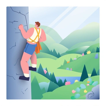 A rock climber with a muscular build and short brown hair is hanging from a rugged cliff face. He is wearing a bright orange climbing harness and black climbing shoes. His hands grip the rocky surface, and he is focused on finding his next foothold. Below him, there is a lush green valley with rolling hills, dotted with trees and wildflowers. The sunlight casts soft shadows across the valley floor, creating a contrast between the cliff and the vibrant landscape beneath. In the distance, a river can be seen winding through the valley, reflecting the blue sky above.