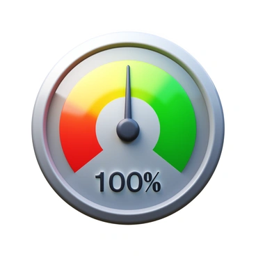 An energy meter displaying a full charge. The meter is circular, with a glossy surface reflecting light. It features bright, vibrant colors, predominantly green, indicating a full charge. The needle is positioned at the top of the meter, pointing directly to "100%." The background is a subtle gradient that enhances the vibrancy of the colors on the meter.