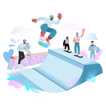 A skateboarder is in mid-air performing a trick above a half-pipe ramp at a busy skate park. The skateboarder is wearing a helmet and protective gear, with a colorful skateboard underfoot. Around the skateboarder, several other individuals are observing and cheering, some are also skating on different ramps. Various skateboarding equipment, such as helmets and pads, are visible nearby. The background features vibrant graffiti on the walls of the skate park, capturing the energetic atmosphere.