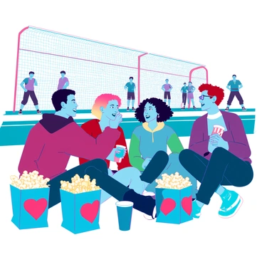 A diverse group of friends is sitting on the sidelines of a sports field, engaged in lively conversation and laughter. The group consists of three individuals: a tall man with short black hair, a woman with curly blonde hair, and a person with glasses and red hair. They are surrounded by bags of various snacks like chips and popcorn, with some drinks placed on the ground beside them. The friends are wearing casual clothing, with vibrant colors enhancing the cheerful atmosphere. In the background, a game is in progress, with players actively participating, adding a sense of excitement to the scene. The sunlight casts warm shadows, creating a lively outdoor environment.