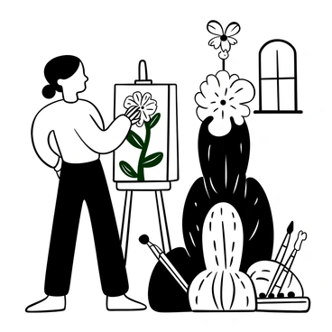 An artist with dark hair tied back is standing at an easel, painting a detailed portrait of a flowering cactus. The cactus is adorned with large, blooming flowers that contrast against its spiky green surface. The artist is surrounded by various paintbrushes and a palette filled with paint. The background includes a simple studio setting with light filtering through a window, illuminating the scene. The words "Cactus in Bloom" are prominently displayed above the cactus.