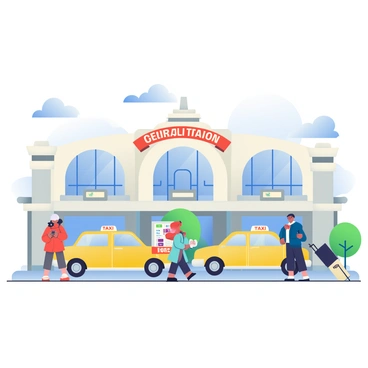 Taxis with bright yellow exteriors are lined up in front of a grand central train station. The building features large arched windows and elegant architectural details. Passengers with various luggage are walking around, some checking their phones and others looking at train schedules displayed on a digital board. A woman in a red coat is hailing a taxi while a man in a blue suit is rolling a suitcase toward the entrance of the station. A few trees are planted in the vicinity, adding greenery to the urban scene. The sky above is clear with a few clouds scattered.