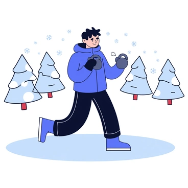 A person wearing a thick blue winter jacket and warm black pants is performing kettlebell swings. The kettlebell is dark gray with a sturdy handle. Snow blankets the ground, creating a soft white layer. In the background, snow-covered trees are spaced throughout the landscape. Flurries of snow are gently falling, adding to the winter atmosphere. The person's breath is visible in the cold air, and their face shows determination as they focus on their workout.