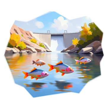 A scene depicting several fish swimming gracefully in a clear river. The fish are various species, showcasing vibrant colors and patterns as they navigate through the water. In the background, a large hydropower dam is visible, with its concrete structure dominating the landscape. The river flows smoothly near the dam, reflecting the sunlight and creating ripples in the water. Surrounding the riverbank, there is lush greenery, including trees and shrubs, enhancing the natural setting.