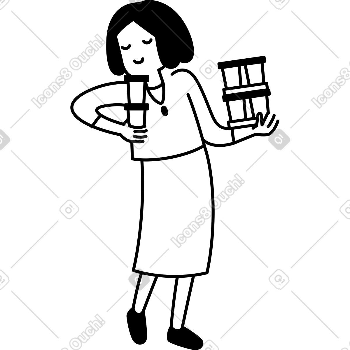Notion Line Art スタイルの Character holding coffee cup and gift boxes with relaxed expression のイラストをPNG、SVG形式でダウンロード