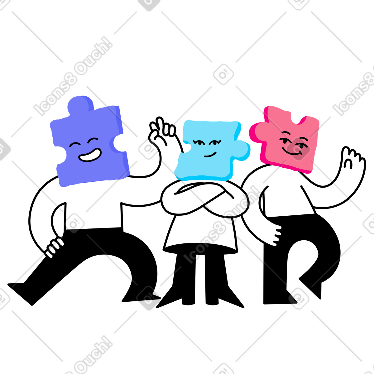 Personaggi con teste di puzzle in piedi insieme illustrazione stile Giggle scarica PNG, SVG