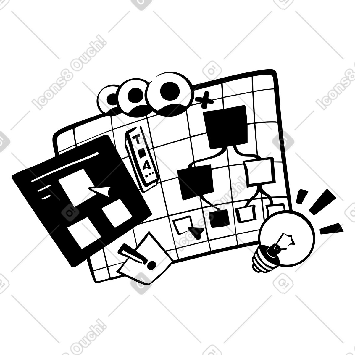 Virtuelle haftnotizen und flussdiagramm auf digitalem whiteboard, workflow-planung zusammenarbeit-Illustration im Line-Stil als Download in PNG, SVG