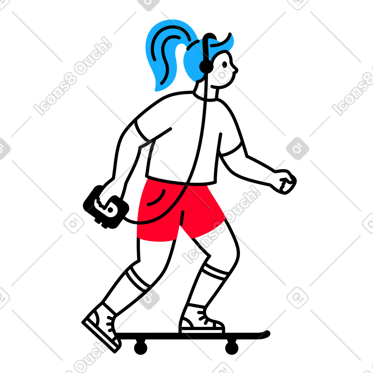 Girl riding a skateboard and listening to cassette player illustration in Transistor style download in PNG, SVG