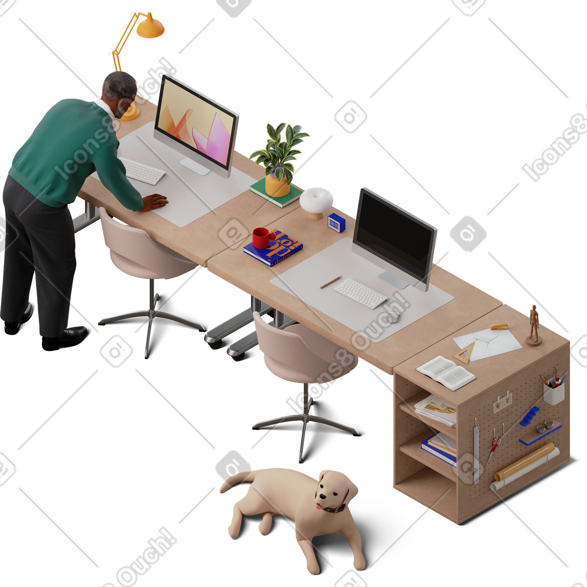 下载 3D Hygge 风格的 Isometric view of man working in the office with dog 插画，支持 PNG、SVG 格式