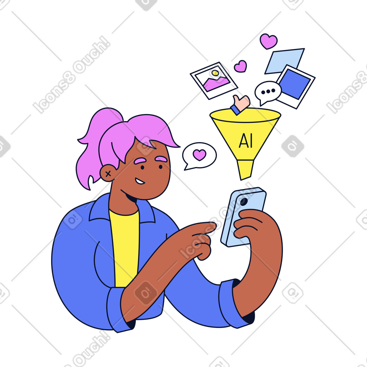 Ilustración User receives ai-personalized content, smart recommendation system en estilo Flexy a descargar en PNG y SVG
