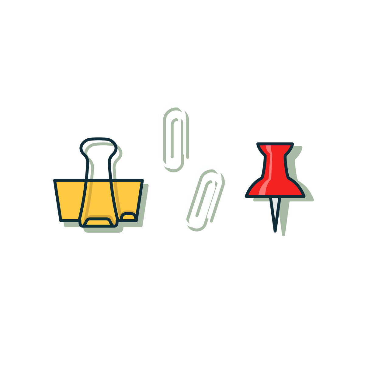 Binder clip, paperclips, and push pin, Essential office supplies illustration in Gummy style download in PNG, SVG