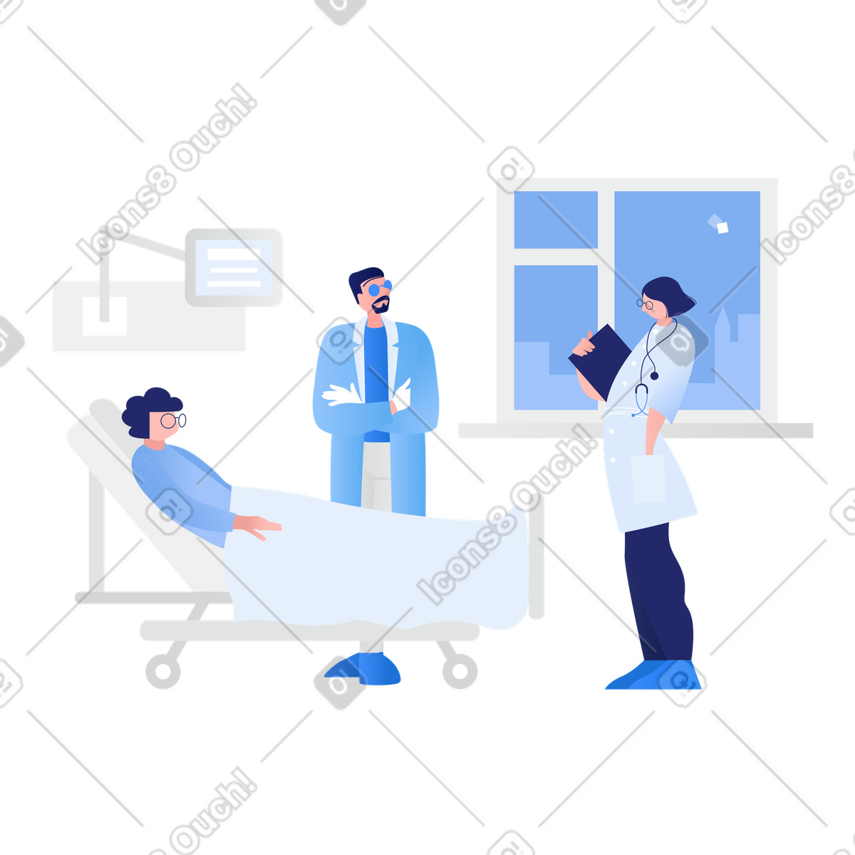 Illustration Patient en salle avec des médecins aux formats PNG et SVG