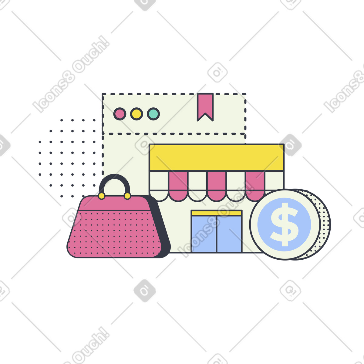 下载 Abstract 风格的 Online shop with currency and bag, Digital retail purchasing 插画，支持 PNG、SVG 格式