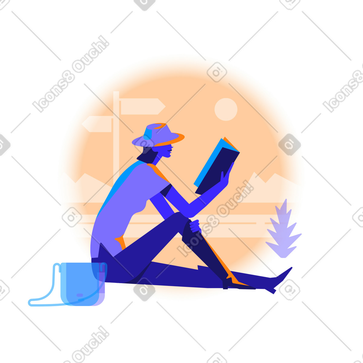 Ilustração de Viajante lendo um livro em no estilo Worky para baixar em PNG, SVG