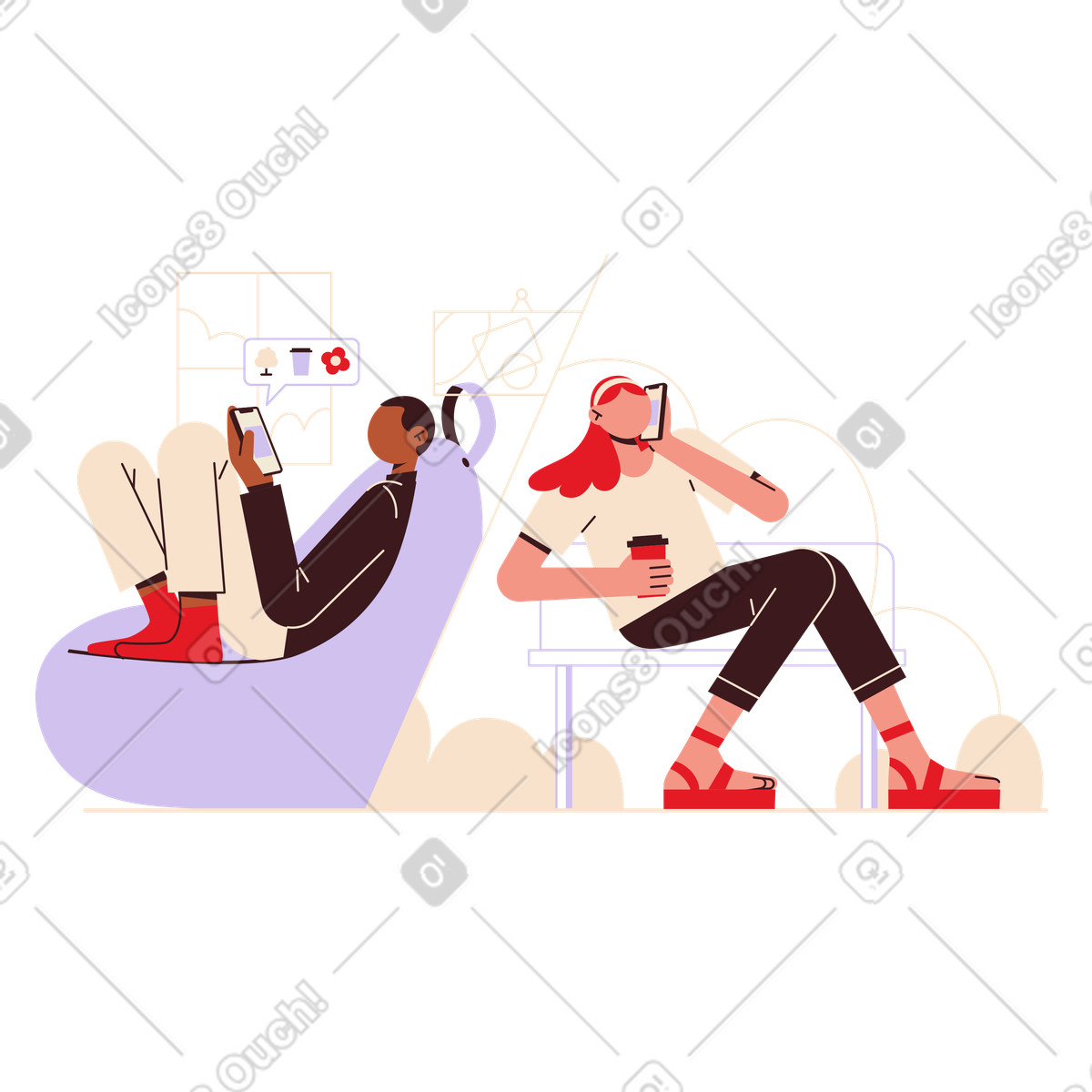 Friends talking on smartphones, Communication and remote connection illustration in Folks style download in PNG, SVG