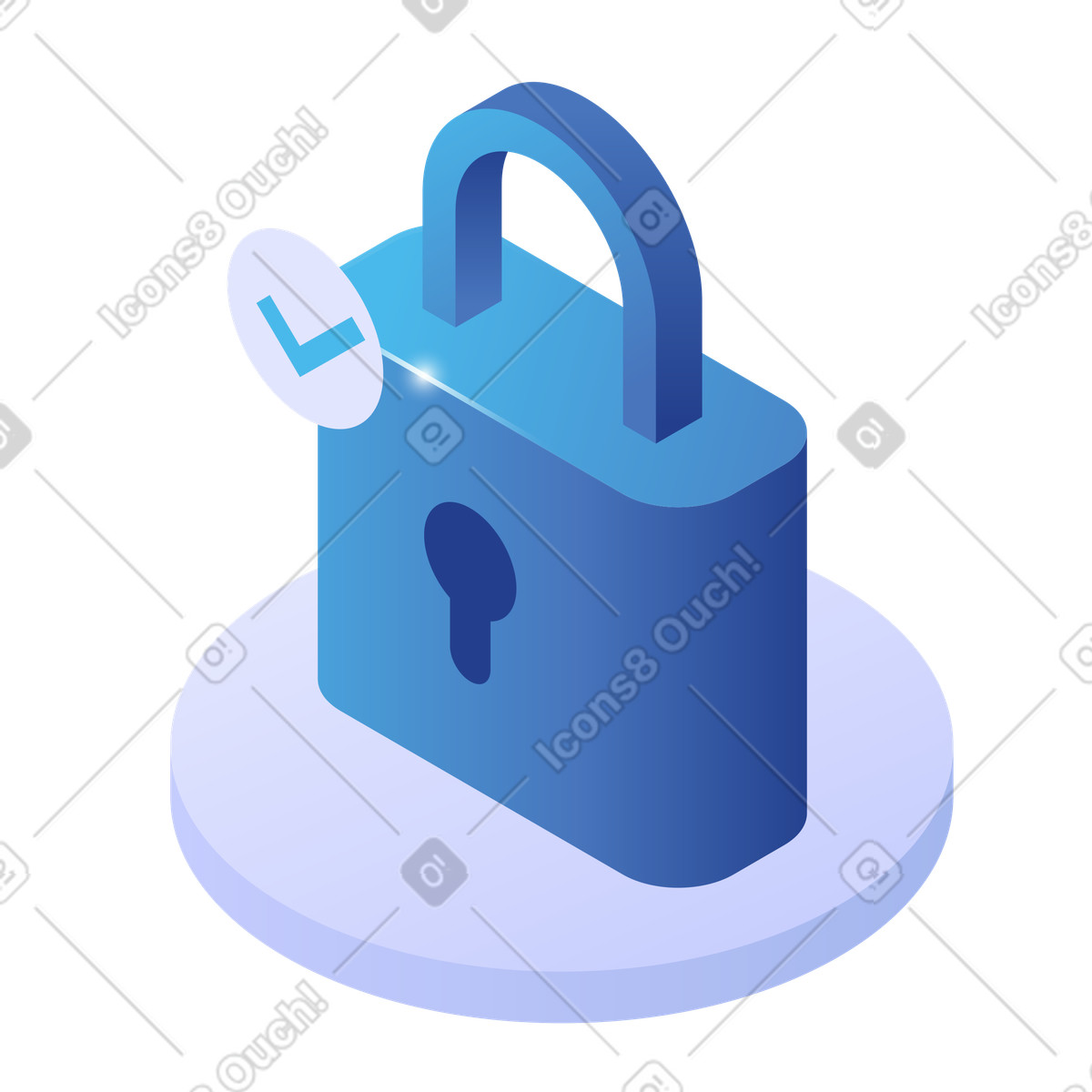 Blue isometric padlock with checkmark, digital safety and cybersecurity concept illustration in PNG, SVG