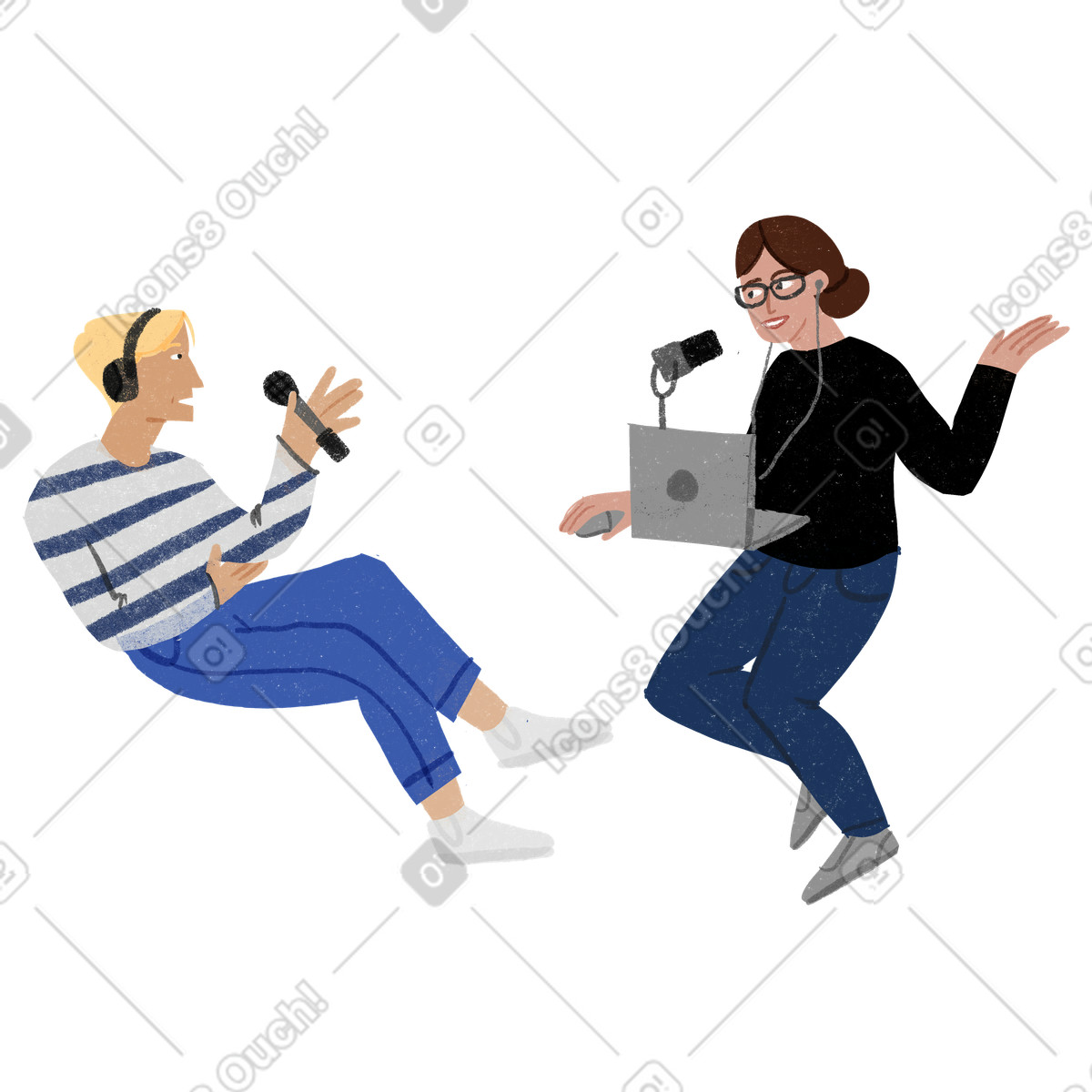 Ilustración Presentador e invitado grabando un podcast en estilo Public a descargar en PNG y SVG