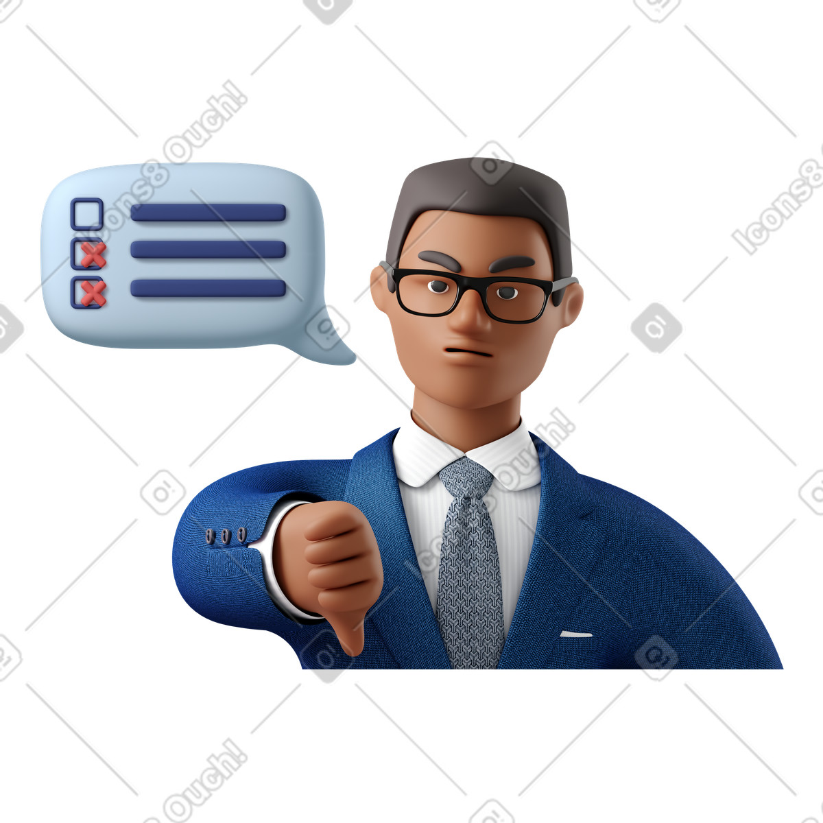 Ilustração de Empresário não está satisfeito com o trabalho ruim e mostrando polegar para baixo em no estilo 3D Business baixar em PNG, SVG