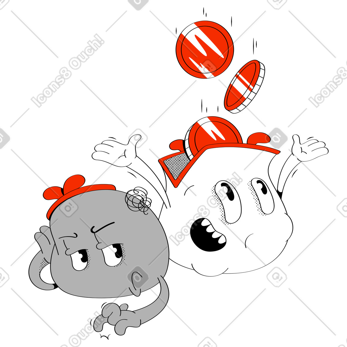 Illustration Sac à main vide et heureux plein de pièces dans le style Looney télécharger aux formats PNG, SVG