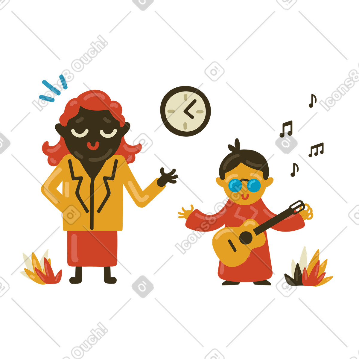 Ilustração de Mulher ensinando música para um menino com violão em no estilo Arabica baixar em PNG, SVG