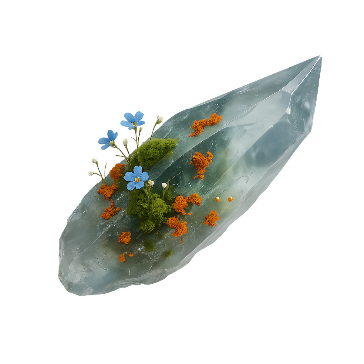 Crystal with orange moss and blue flowers, Unique organic arrangement illustrazione in stile Biomorphic scarica in PNG, SVG