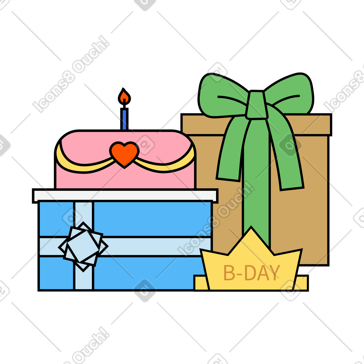 Birthday cake and gifts illustration in Kindy style download in PNG, SVG