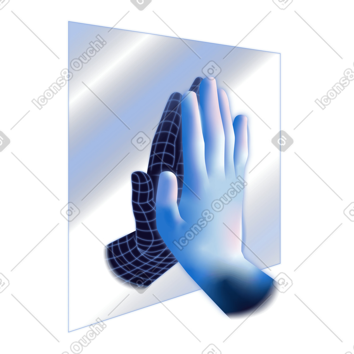 Human and digital hand touching through virtual panel, Extended reality interaction, Immersive technology illustration in Dimension style download in PNG, SVG