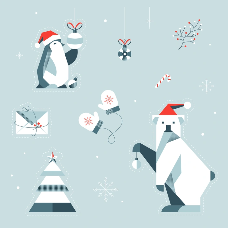 Penguin and polar bear with Christmas decorations - Nordic style illustration