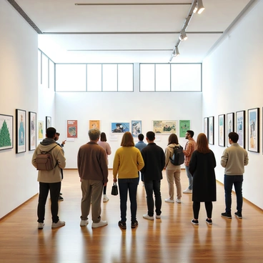 A spacious exhibition hall filled with various editorial illustrations displayed on white walls. The illustrations include a range of styles and subjects, showcasing the diversity of creativity. In the foreground, a group of people of different ethnicities and ages are observing the artwork, pointing and discussing their favorite pieces. Large windows allow natural light to illuminate the space, highlighting the vibrant colors of the illustrations. There are informational placards next to each piece, providing context about the artists and their work. The floor is polished wood, adding warmth to the modern environment.