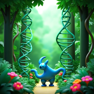 A jungle scene filled with lush green foliage and towering trees. In the middle of the jungle, there is a figure resembling "DNA polymerase," depicted as a mysterious creature with elongated, twisting body parts. This creature is intricately weaving through "DNA vines," which are spiraled structures resembling a double helix, entwined among the branches and foliage. The environment is vibrant, with the light filtering through the leaves, casting dappled shadows across the ground. There are various jungle plants and flowers surrounding the scene, adding pops of color to the rich greenery.
