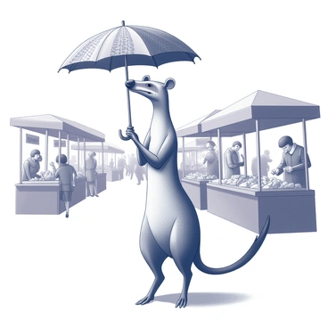 An anteater standing on its hind legs, holding an umbrella above its head. The umbrella is open, showcasing its intricate patterns and textures. The anteater has a long snout and a slender body, with its distinctive elongated tongue slightly visible. Around the anteater, a bustling marketplace is filled with various stalls displaying an array of goods. The environment is lively, with people engaging in activities such as bargaining and browsing. There are various market items like fruits, vegetables, and handmade crafts visible in the scene.