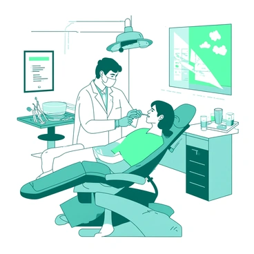A white-coated dentist is standing beside a reclining dental chair in an NHS dental clinic. The dentist is examining a patient's teeth with a dental mirror and explorer. The chair is upholstered in teal, and a bright overhead light illuminates the patient’s mouth. In the background, there are dental tools neatly arranged on a tray, and a chart on the wall displays dental health information. The room is filled with medical equipment and calming decor typical of a dental clinic.