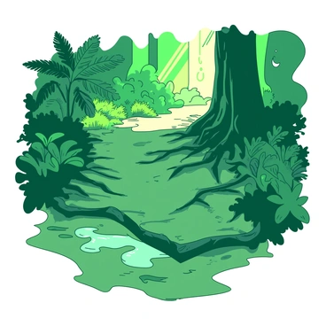 A green forest path is shown, with sections of the soil washed away by heavy rain, exposing tangled tree roots. The tree roots are interwoven and thick, creating a natural pattern along the side of the path. Surrounding the path, there are vibrant green leaves and ferns, adding depth to the scene. Sunlight filters through the canopy above, casting dappled light on the exposed roots and the moist earth. The ground is uneven and shows signs of recent water flow, with small puddles reflecting the surrounding greenery.