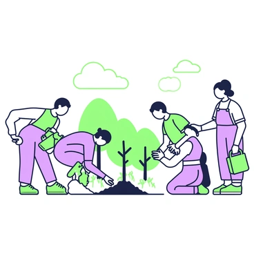 A group of five people is engaged in planting trees in a designated area. One person is digging a hole in the soil with a spade, while another is holding a young sapling ready to be placed into the ground. A third person is pouring water from a green watering can onto a planted tree nearby. The fourth individual is kneeling, using gloves to remove weeds from around a newly planted tree. The fifth person is standing, examining a map or a planting guide. In the background, there are several more saplings lined up, and a few clouds are visible in the sky.