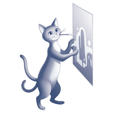 An outline of a cat with a slender body and pointed ears is depicted standing on its hind legs. The cat is holding a paintbrush in its mouth, and its front paws are positioned against a wall, as if it is painting. The wall behind the cat features a simple mural design, showcasing a whimsical scene. The cat's posture suggests focus and creativity as it marks the wall with bold, sweeping strokes. The entire composition emphasizes the cat's determination in its artistic endeavor.