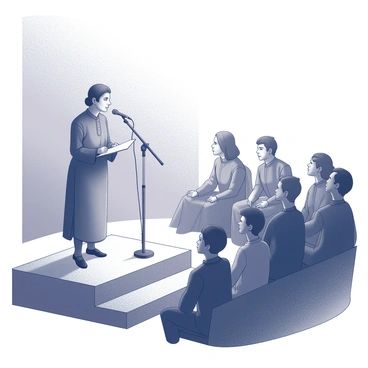 A figure stands at a microphone on a dimly lit stage, projecting an engaging presence. The individual, dressed in traditional attire, appears to be reciting poetry with passion and movement. The audience, composed of various individuals, sits in shadowy silhouettes, their expressions reflecting interest and captivation. The soft lighting casts gentle shadows, emphasizing the contours of the stage and the reciter's features. The atmosphere conveys a sense of intimacy and concentration, with the focus firmly on the speaker's expressive gestures and the deep connection with the listeners.