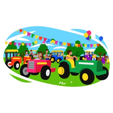 A lively festival taking place in a vibrant outdoor setting. Several tractors are prominently featured, each decorated in bright colors like red, blue, yellow, and green. Ribbons of various shades are tied around the tractors, fluttering in the breeze. The background includes colorful banners strung between trees, and people are engaged in joyous activities, some dancing while others enjoy food from nearby stalls. Balloons in a multitude of colors float above the crowd, adding to the festive atmosphere.