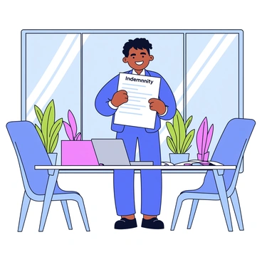 A successful business owner is standing confidently in a modern office. The owner has a beaming smile and is holding a large contract titled "Indemnity" in both hands. The office is filled with large glass windows that allow sunlight to pour in, illuminating several potted plants in the background. There are sleek furniture pieces around, including a glass desk and minimalist chairs. On the desk, there are scattered documents and a laptop. The overall atmosphere conveys professionalism and success.
