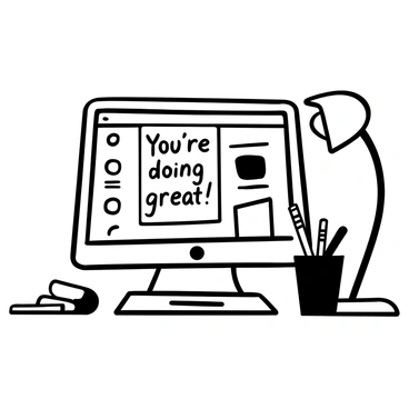 A sticky note with the words "You're doing great!" written in neat handwriting is attached to a computer screen. The screen displays a few open applications and documents. A desk lamp is positioned to the side, casting a gentle light on the scene. There are scattered pens and a notebook on the desk, alongside a cup filled with various writing instruments.