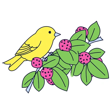 A small bird with bright yellow feathers is perched on a raspberry bush. The bird has a thin beak and round black eyes, looking curiously at the ripe red berries. The bush is lush and green, with plump, juicy raspberries clustered among the leaves. Some berries are partially hidden by the foliage, while others are easily visible, glistening in the sunlight. The scene captures the tranquility of nature, with the bird contentedly enjoying its surroundings.