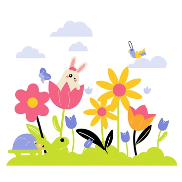 A whimsical garden filled with oversized flowers in vibrant colors, including large pink daisies, blue tulips, and yellow sunflowers. Playful animals are scattered throughout the garden, including a green turtle wearing a small red hat, a fluffy bunny with long ears peeking out from behind a giant flower, and a cheerful bluebird perched on a bright orange flower. The sky above is light blue with fluffy white clouds drifting by. The ground is covered in lush green grass, and there are butterflies fluttering around, adding to the lively atmosphere of the garden.