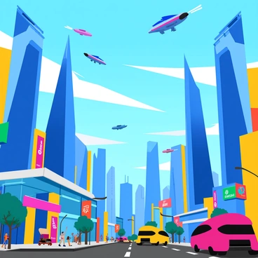 A futuristic cityscape featuring towering skyscrapers with sleek, glass facades that reflect sunlight. The buildings vary in height and design, some with angular shapes while others have rounded edges. In the sky, several flying vehicles glide smoothly, showcasing a variety of sleek and aerodynamic designs. The atmosphere is busy, with a vibrant display of colors from neon signs and holographic advertisements illuminating the scene. Below, the streets are bustling with pedestrians and futuristic transport pods, creating a sense of dynamic movement throughout the city.