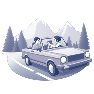 A car driving down a winding road. Inside the car, there are three friends seated, engaged in conversation and laughter. The driver has one hand on the steering wheel while the other rests casually on the window. To the side, a passenger is leaning forward, animatedly sharing a story. In the back seat, another friend is laughing, with their head slightly tilted back. In the background, there are majestic mountains rising, their peaks outlined against the sky. Trees and greenery frame the road, adding to the scenic view.